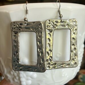 Silver Rectangle Earrings Hammered Texture Stamped Picture frame Western Cowboy